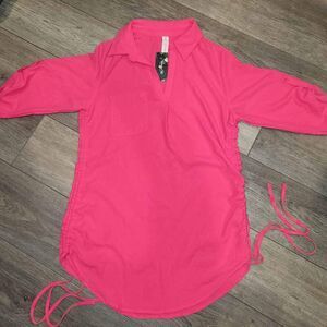 Womens Bathing Suit Coverup Drawstring Button Down Beach Dress Shirt, size large